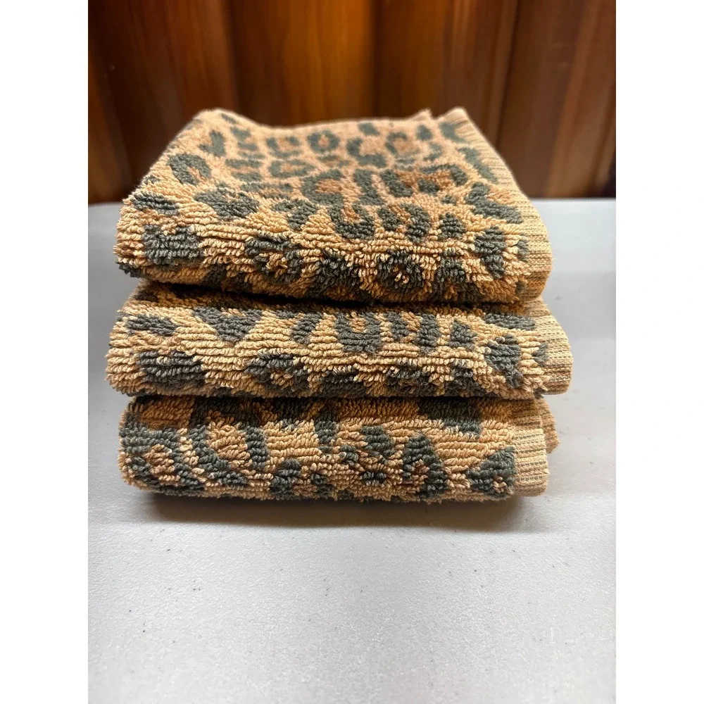 Pottery Barn Vintage Leopard Cheetah Print Washcloth Wash Cloth Lot of 3 Brown